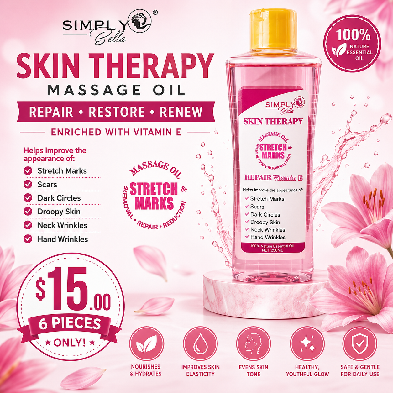 6PCS SIMPLY BELLA SKIN THERAPY STRECH MARKS REPAIR +VITAMIN E BODY AND FACE OIL SIB1058