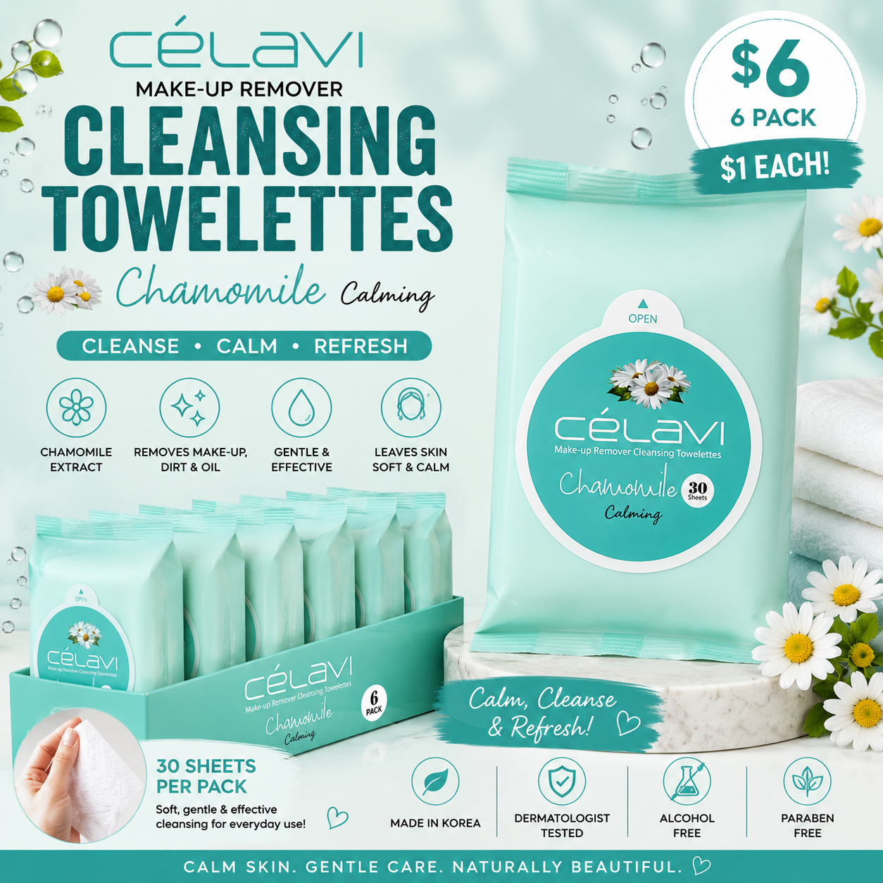 6PCS DISPLAY CELAVI CHAMOMILE MAKE-UP REMOVER CLEANSING TOWELETTES MT016