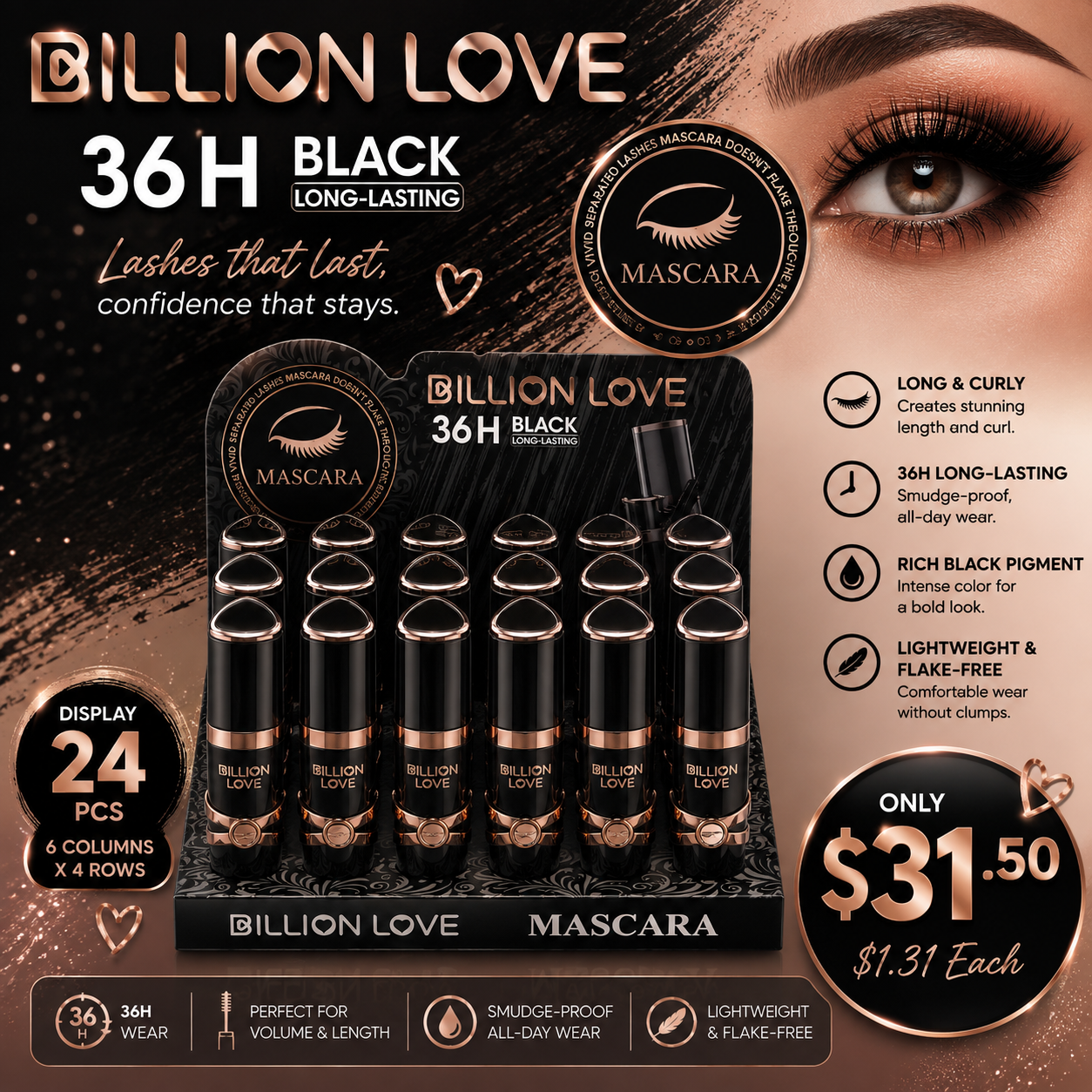 24PCS DISPLAY BILLION LOVE DARK LIGHT & CURLY MASCARA B20041