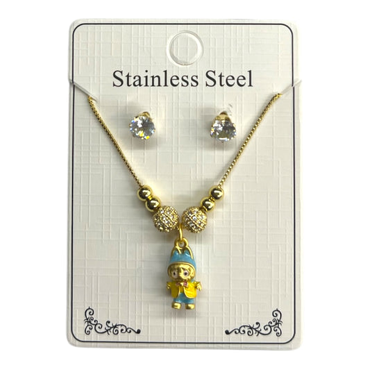 5PCS STAINLESS STEEL BLUE CUTE DOLL CHARM NECKLACE + EARRINGS YS1499
