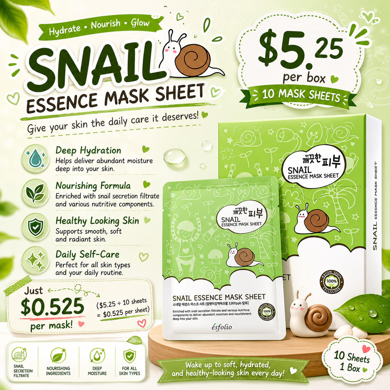 10PCS BOX ESFOLIO SNAIL ESSENCE MASK SHEET 3274