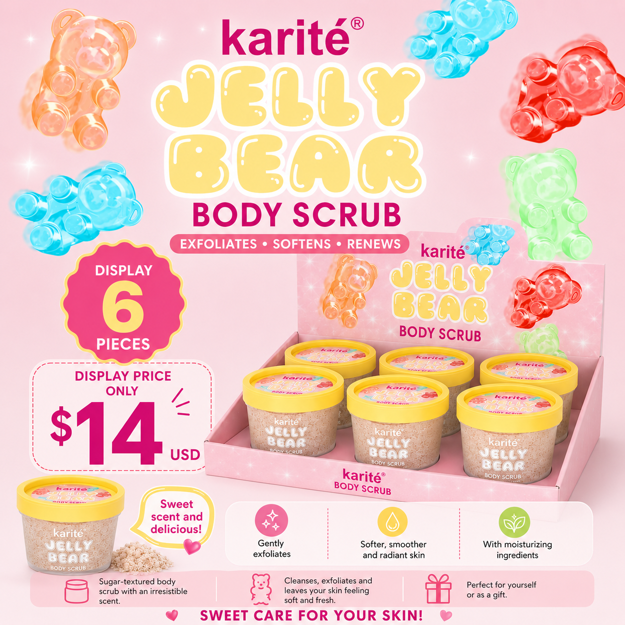 6PCS DISPLAY KARITE SKIN CARE JELLY BEAR  BODY SCRUB 1402-47