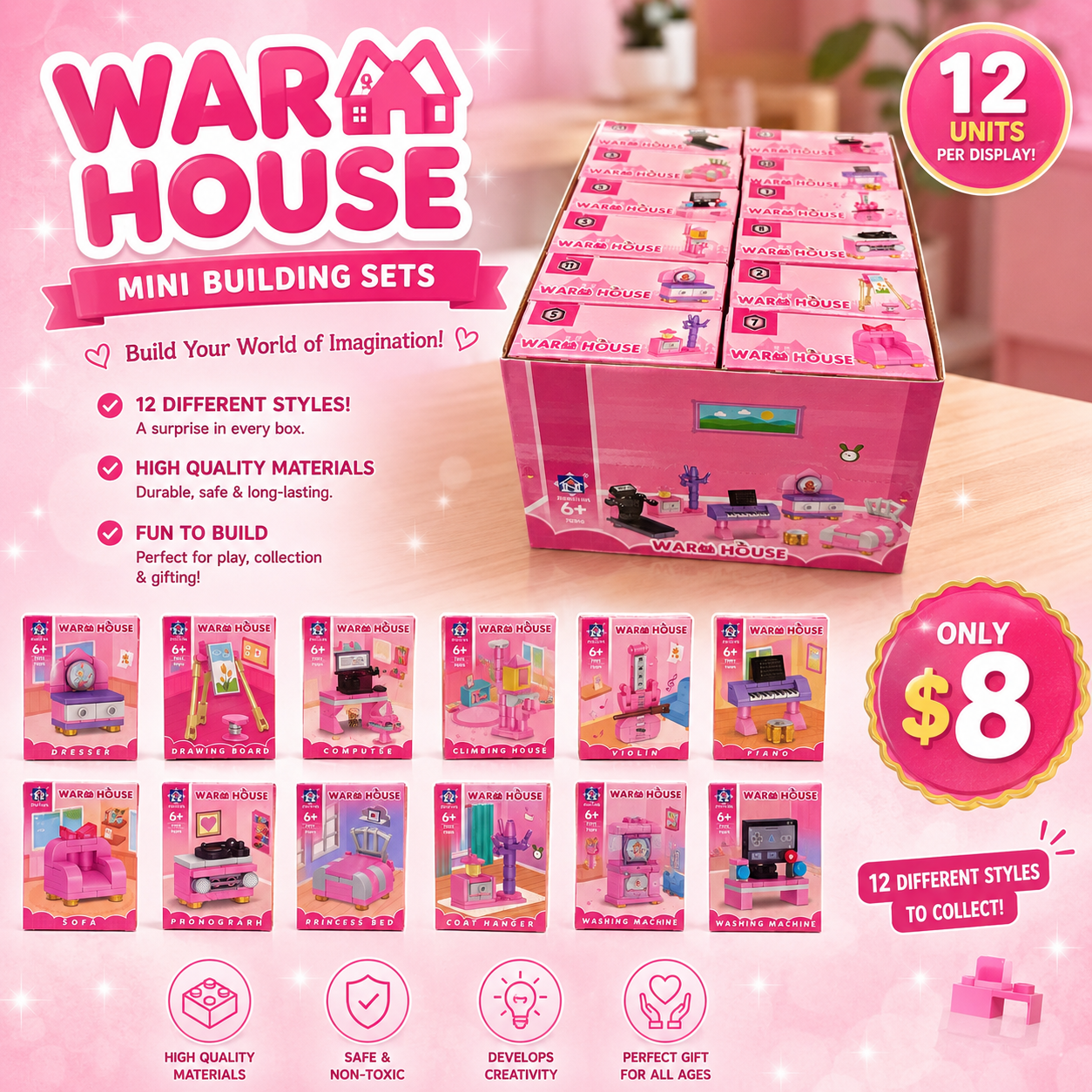 12PCS DISPLAY PINK WARM HOUSE LEGO TOYS ANV-0073