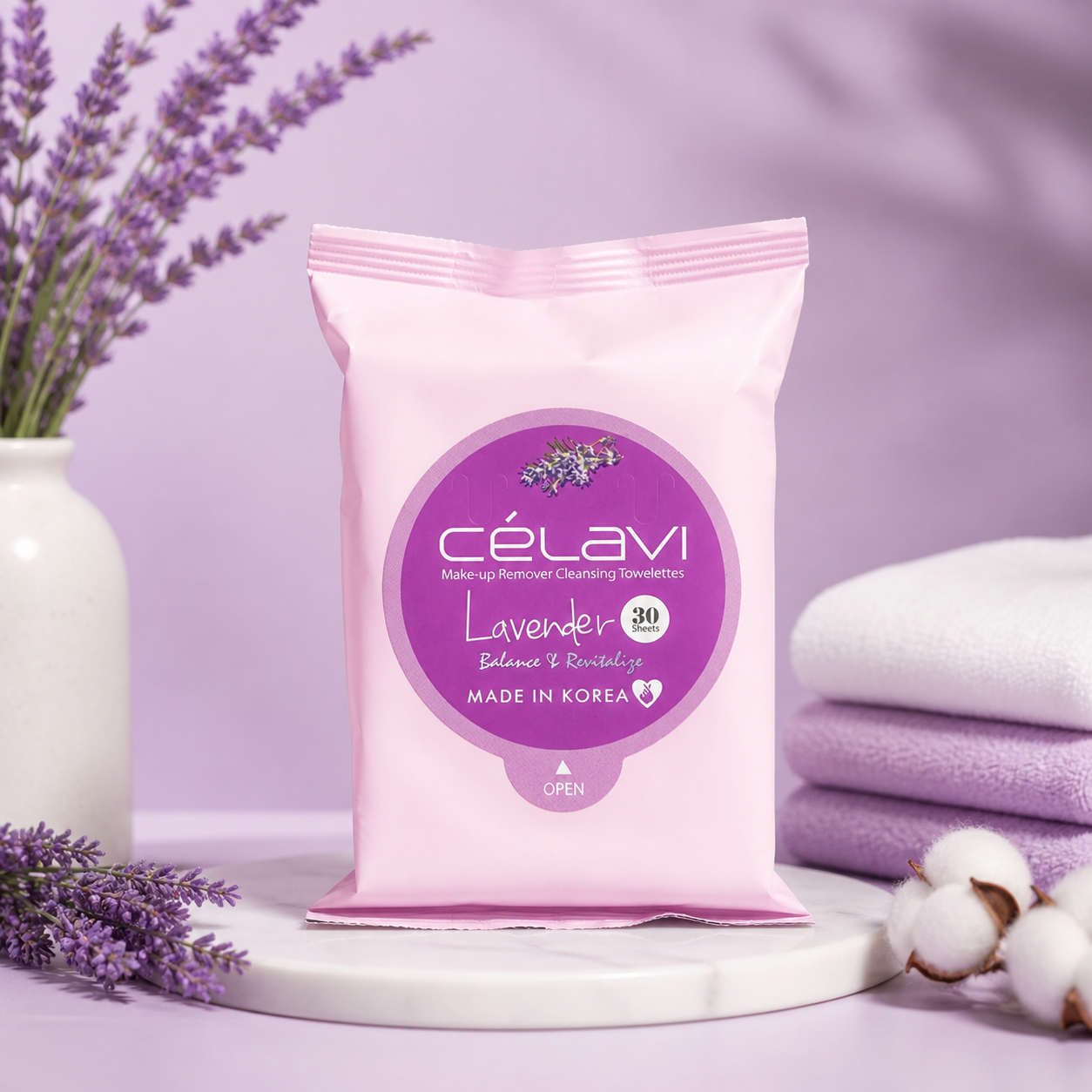 6PCS DISPLAY CELAVI LAVENDER MAKE-UP REMOVER CLEANSING TOWELETTES MT019