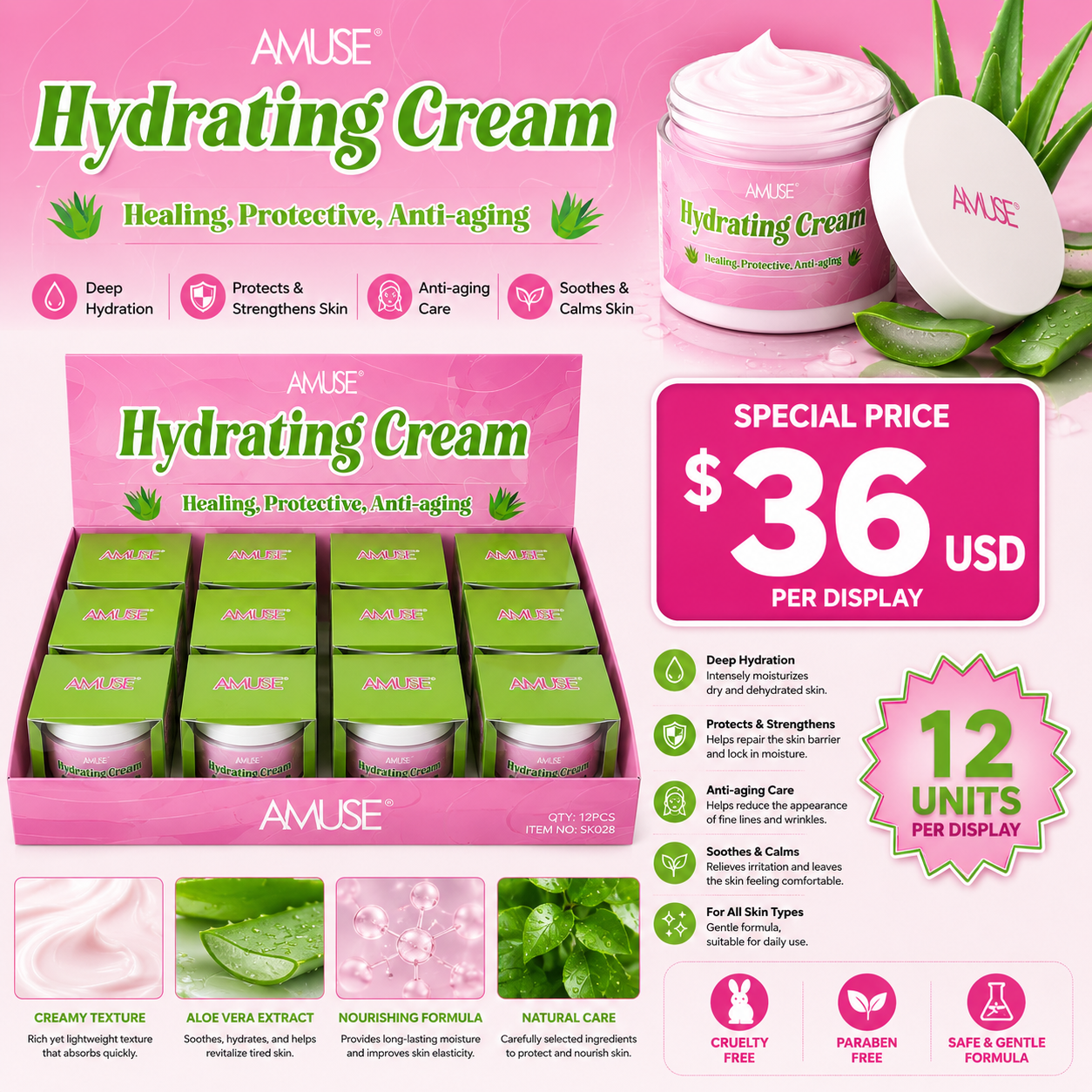 12PCS DISPLAY ALOE VERA HYDRATING CREAM HEALING ,PROTECTIVE , ANTI-AGING SK028