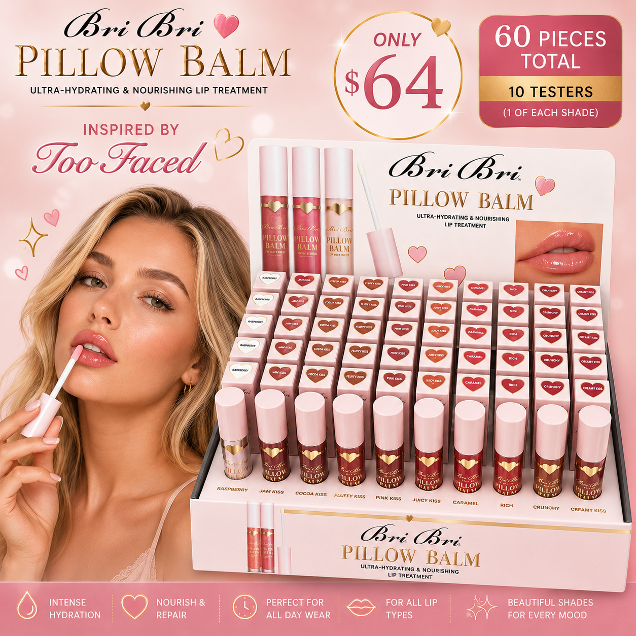 60PCS DISPLAY BRIBRI BEAUTY INSPO TOO FACED PILLOW BALM LIP TREATMENT 1107