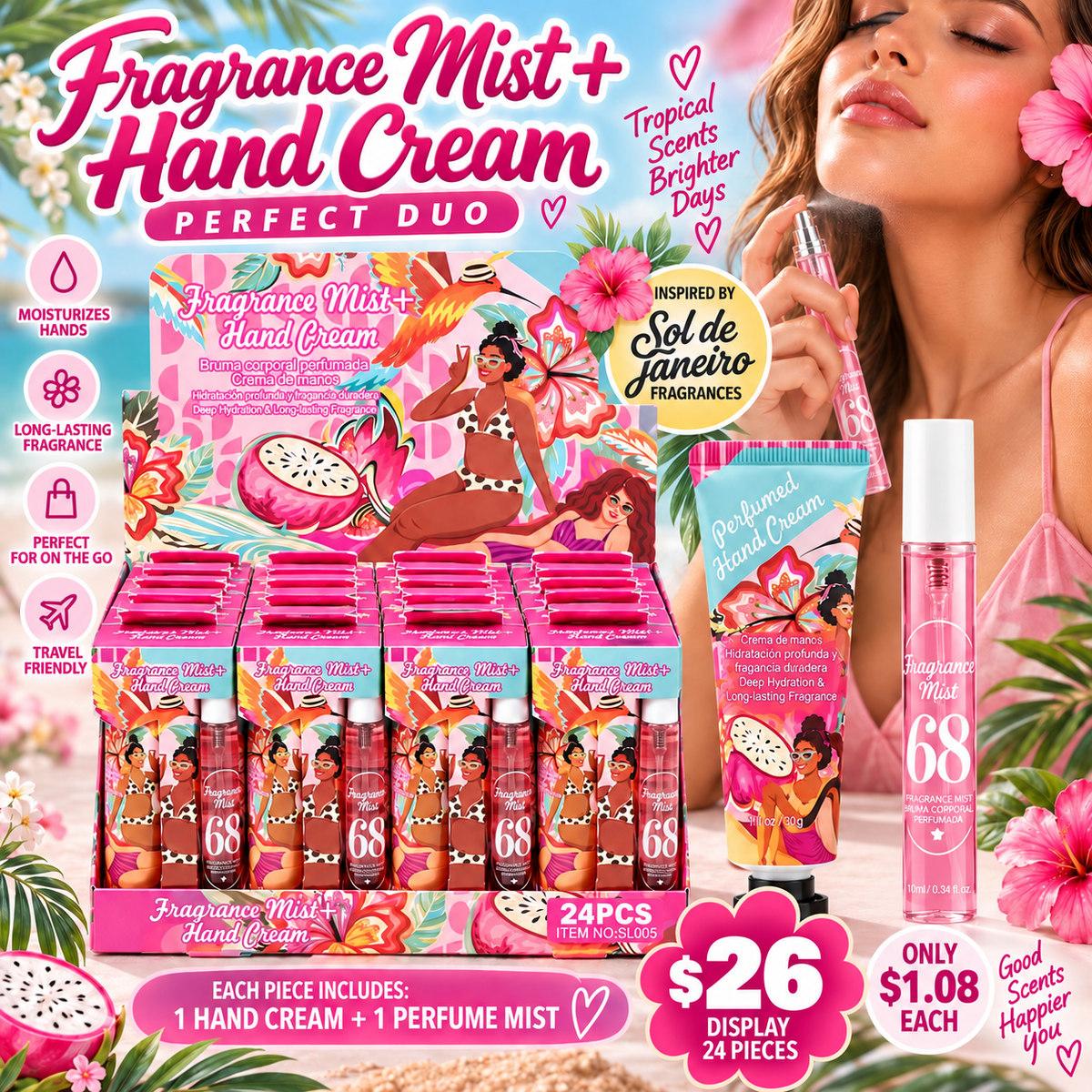 24PCS DISPLAY PINK 68 FRAGRANCE & HAND CREAM DUO SET SL005