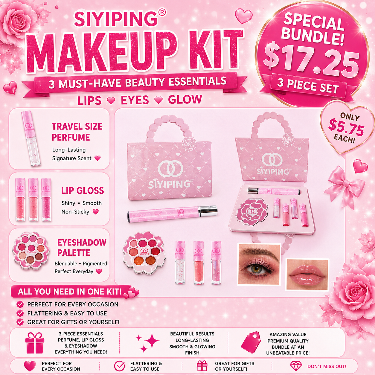 3PCS SIYIPING PINK C&C PURSE 6PCS MAKE UP DUO SET SYP-ST21