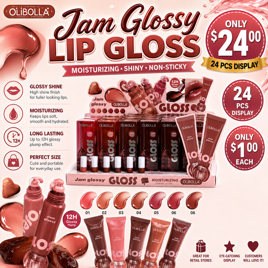 24PCS DISPLAY OLIBOLLA MOISTURIZING JAM GLOSSY GLOSS LA - L352