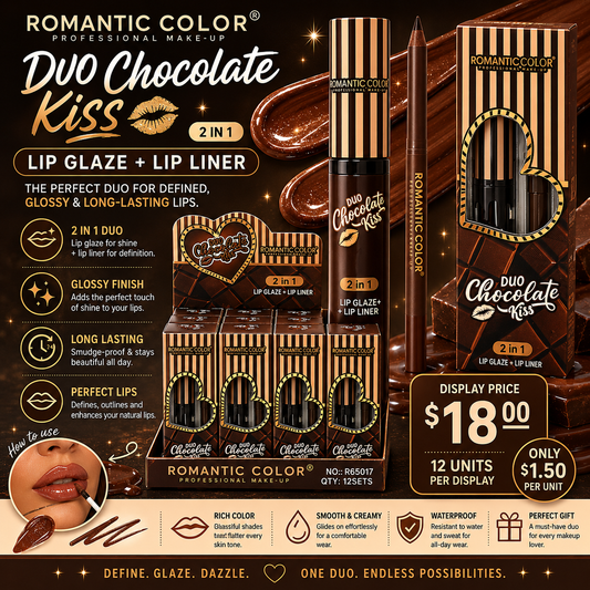 12PCS DISPLAY ROMANTIC COLOR DUO CHOCOLATE KISS LIP GLAZE+LIP LINER R65017