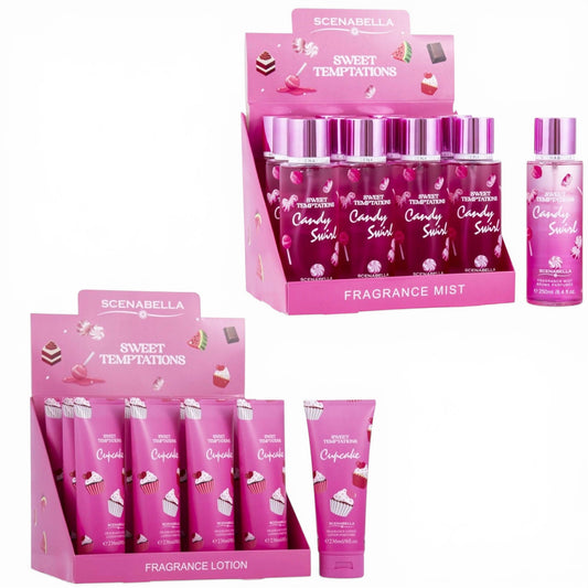 2 DISPLAYS 12PCS EACH 1 SPRAY 1 CREAM SCENA BELLA SWEET TEMPTATION CUPCAKE BODY MIST & BODY LOTION