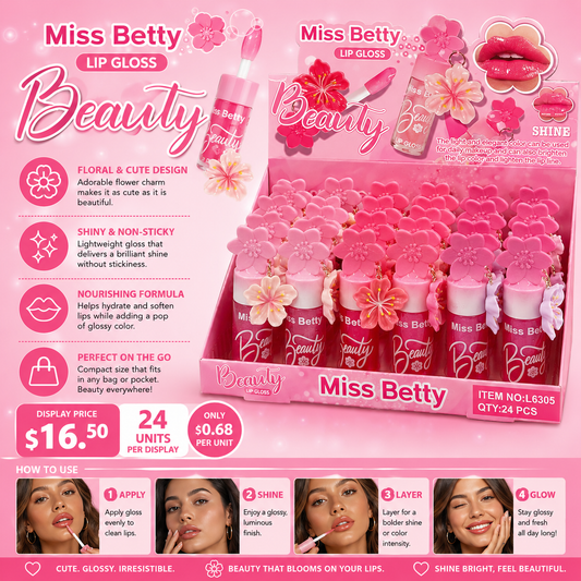 24PCS DISPLAY MISS BETTY HAWAIIAN FLOWER SUPER SHINE LIP GLOSS L6305