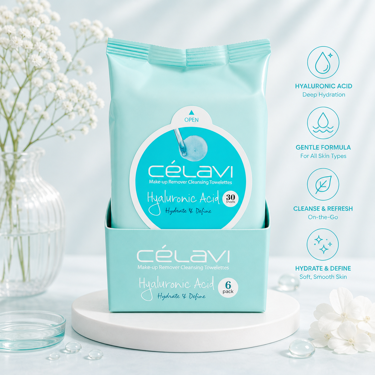6PCS DISPLAY CELAVI  HYALURONIC ACID MAKE-UP REMOVER CLEANSING TOWELETTES MT018