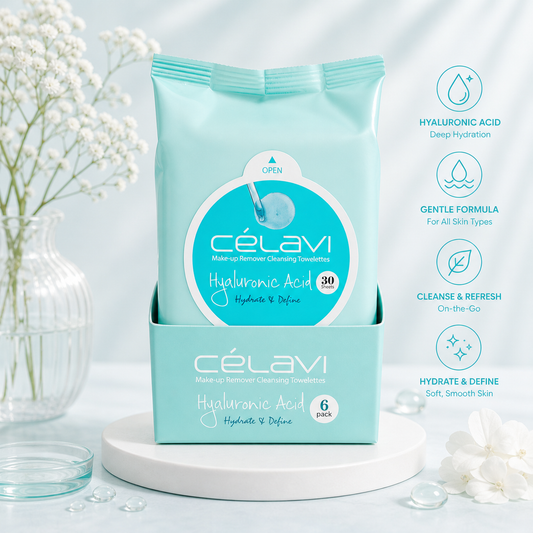 6PCS DISPLAY CELAVI  HYALURONIC ACID MAKE-UP REMOVER CLEANSING TOWELETTES MT018