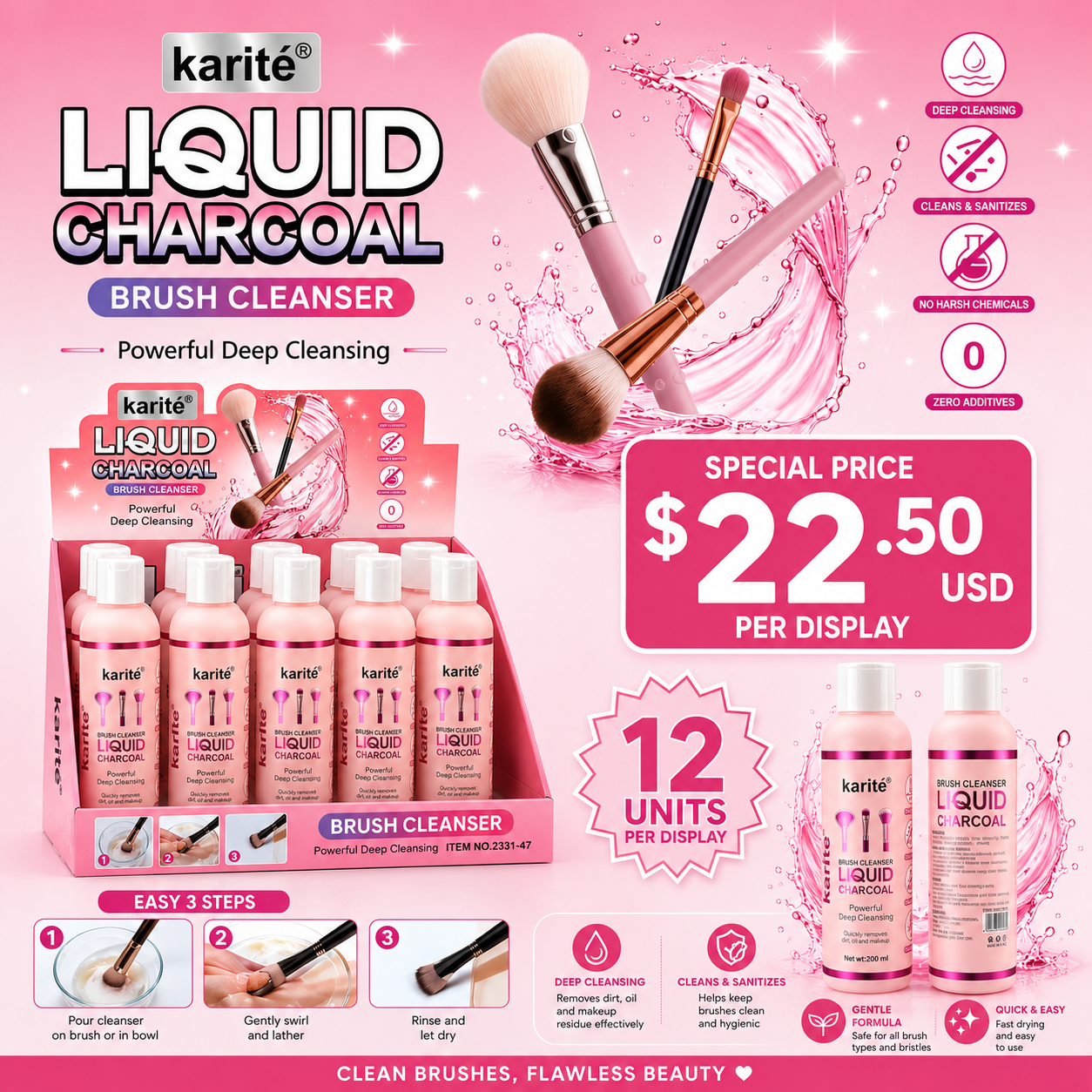 12PCS DISPLAY KARITE  LIQUID CHARCOAL BRUSH CLEANER 2331-47