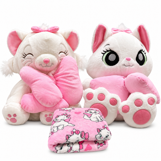 Peluche de gato mágico blanco y rosa + manta