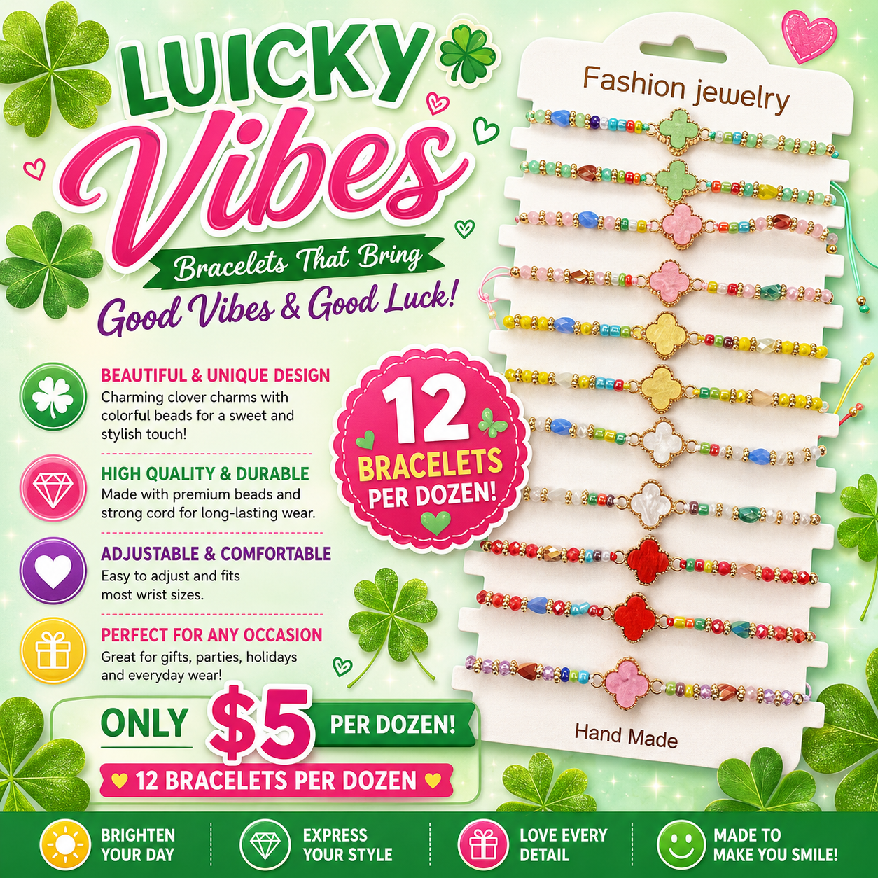 12PCS PACK MULTI COLOR CLOVER STRING  BRACELET 3276