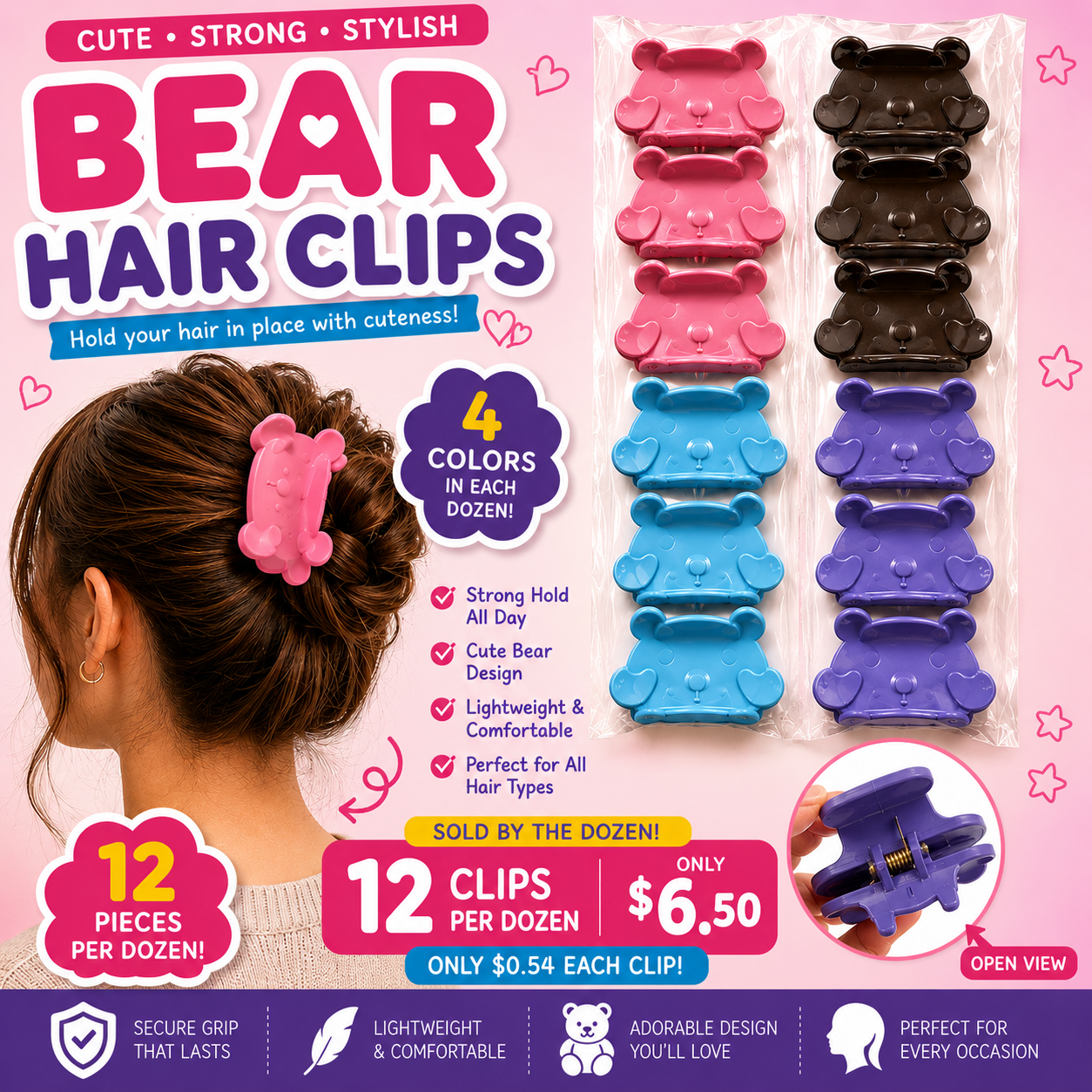 12PCS PACK HAIR CLAW BEAR 4 COLORS BHC5