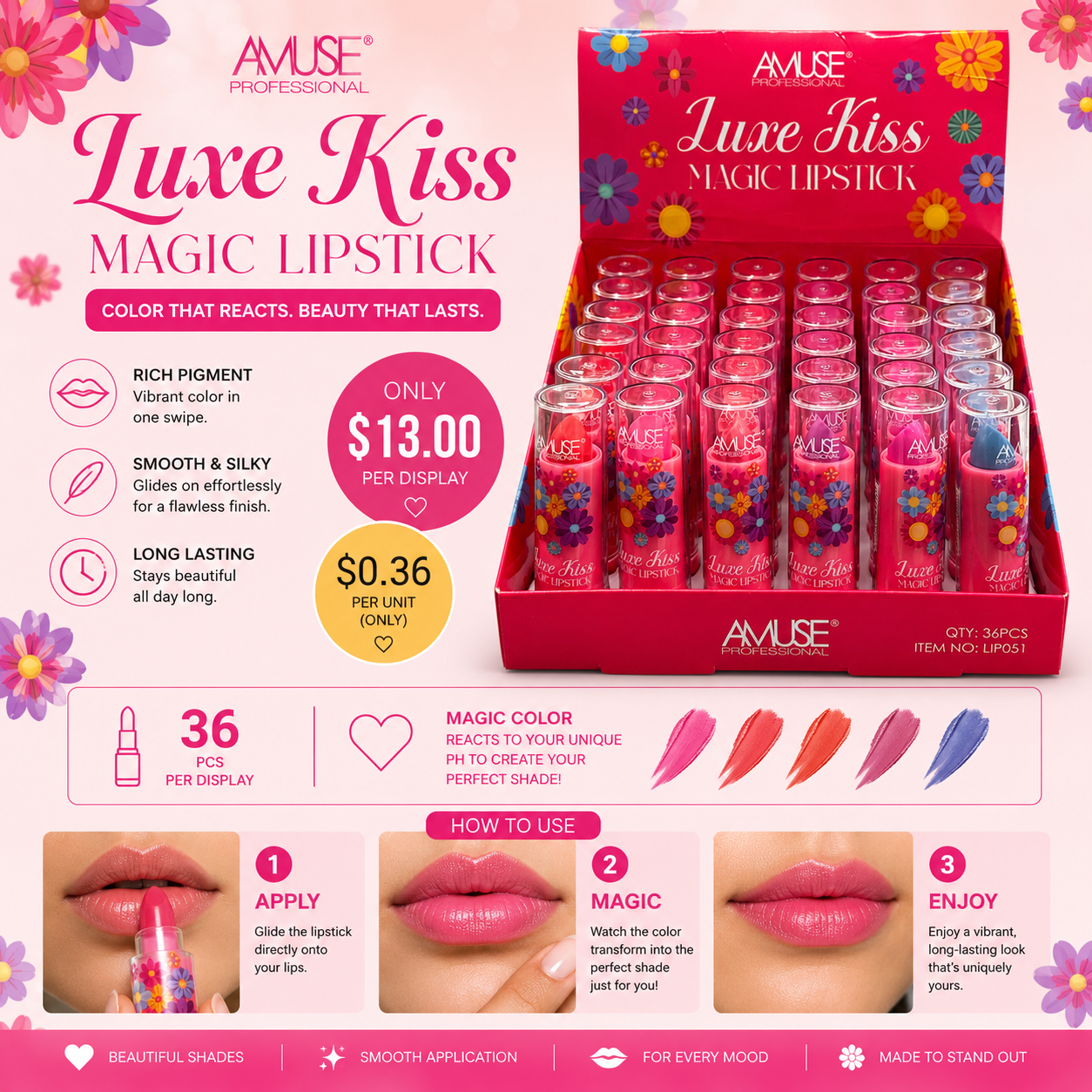 36PCS DISPLAY AMUSE MAGIC LUXE KISS CUTE FLOWERS LIP051