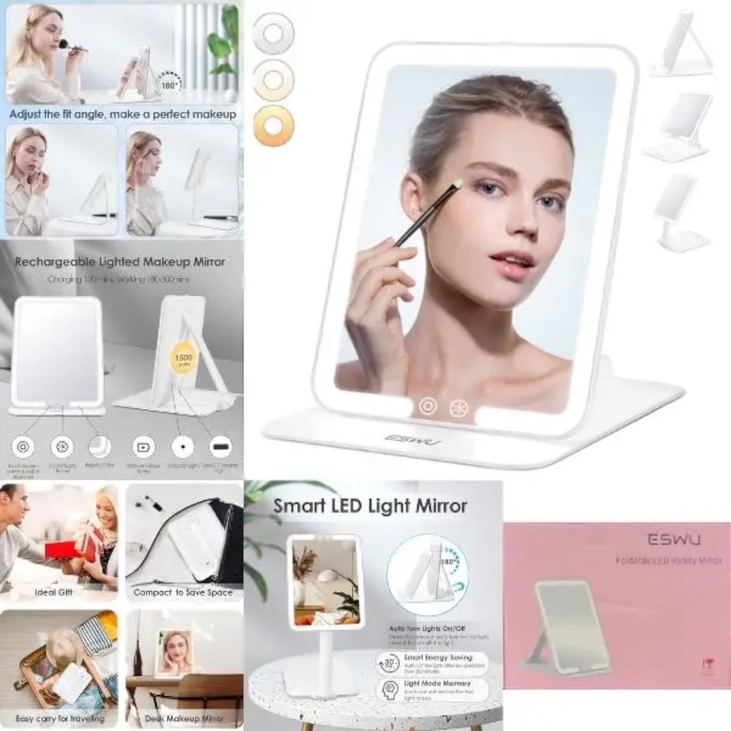 2 PCS WHITE ESWU FOLDABLE LED VANITY MIRROR #GRI1H