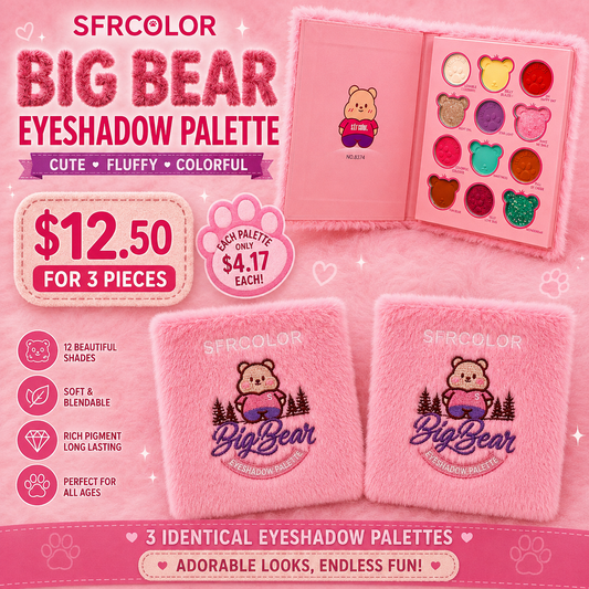 3PCS DISPLAY SFRCOLOR PINK FUZZY BEAR EYE SHADOW  PALETTE 8374