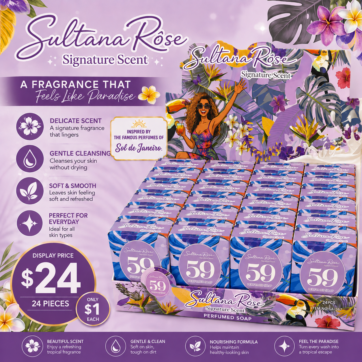 24PCS DISPLAY SULTANA RÔSE BAR SOAP FRAGRANCE SOL DE JANEIRO 59 SA-367