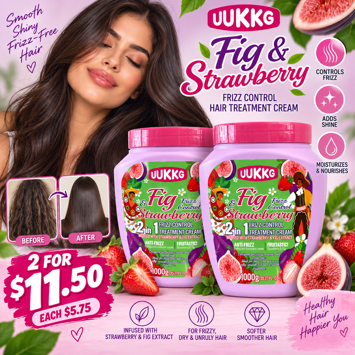2PCS UUKKG FIZZ CONTROL STRAWBERRY  HAIR TREATMENT CREAM UU4941
