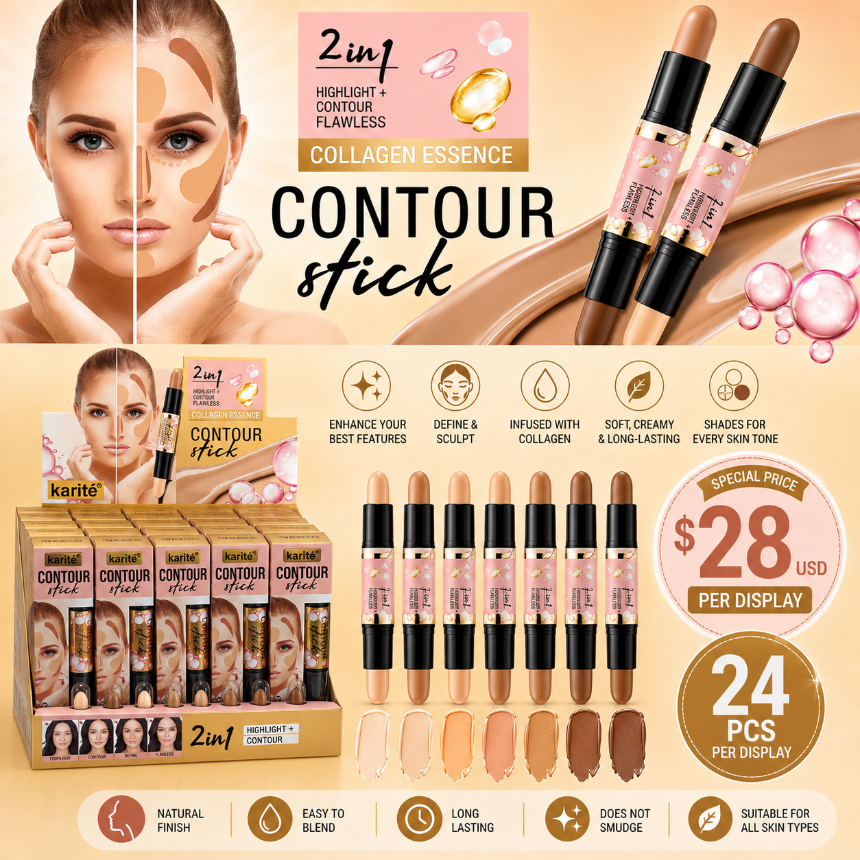 24PCS DISPLAY KARITE 2 IN 1 DUO CONTOUR STICK 68223-47A