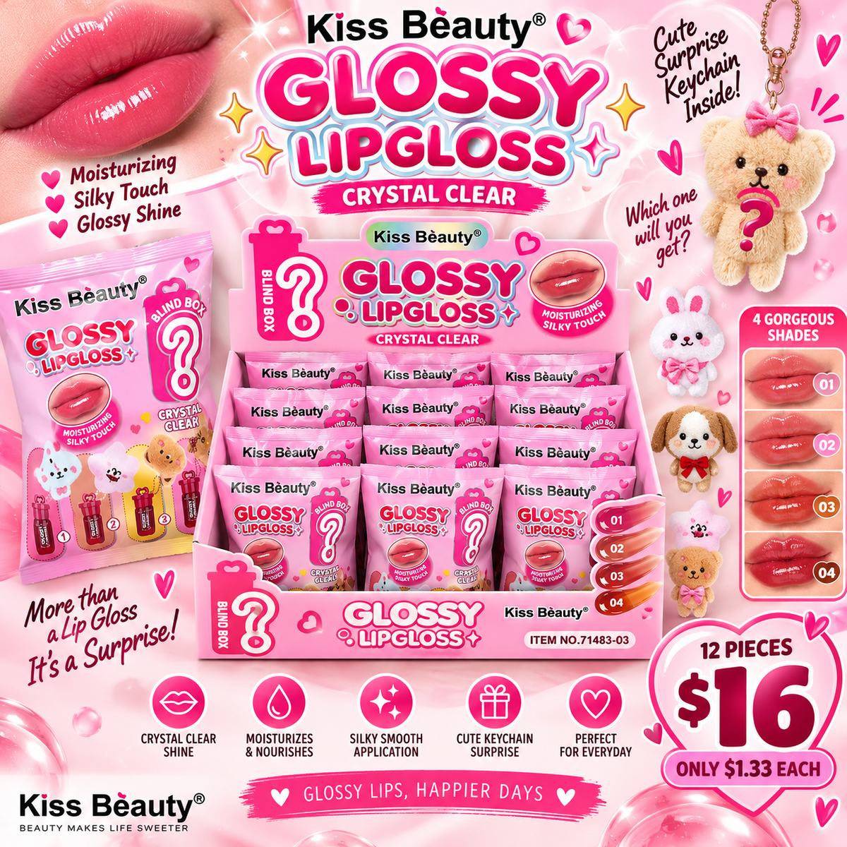 12PCS DISPLAY KISS BEAUTY 4 COLOR GLOSSY LIPGLOSS WITH PLUSH KEYCHAIN CHARM  71483-03
