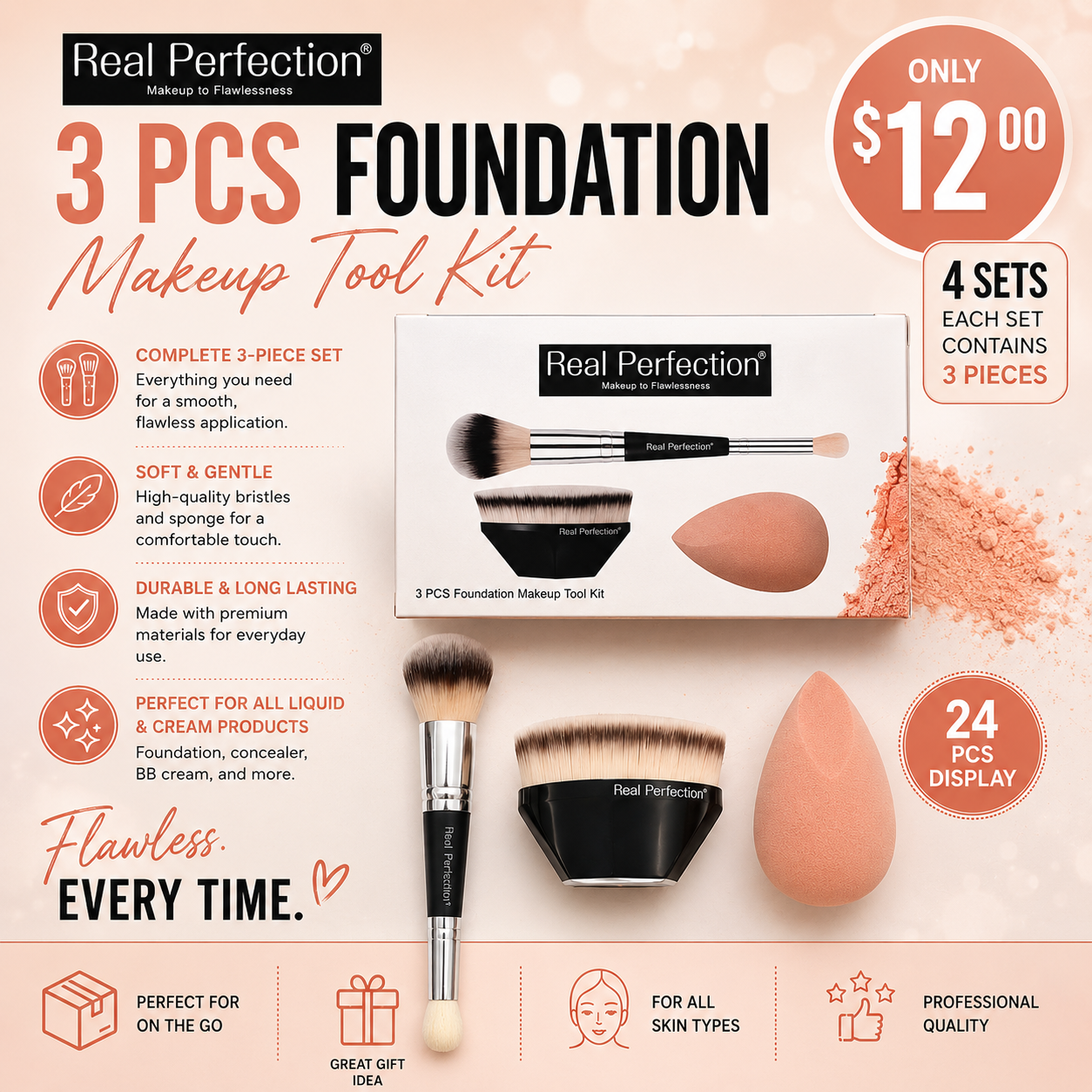 4PCS SET REAL PERFECTION FOUNDATION MAKEUP TOOL KIT BRUST