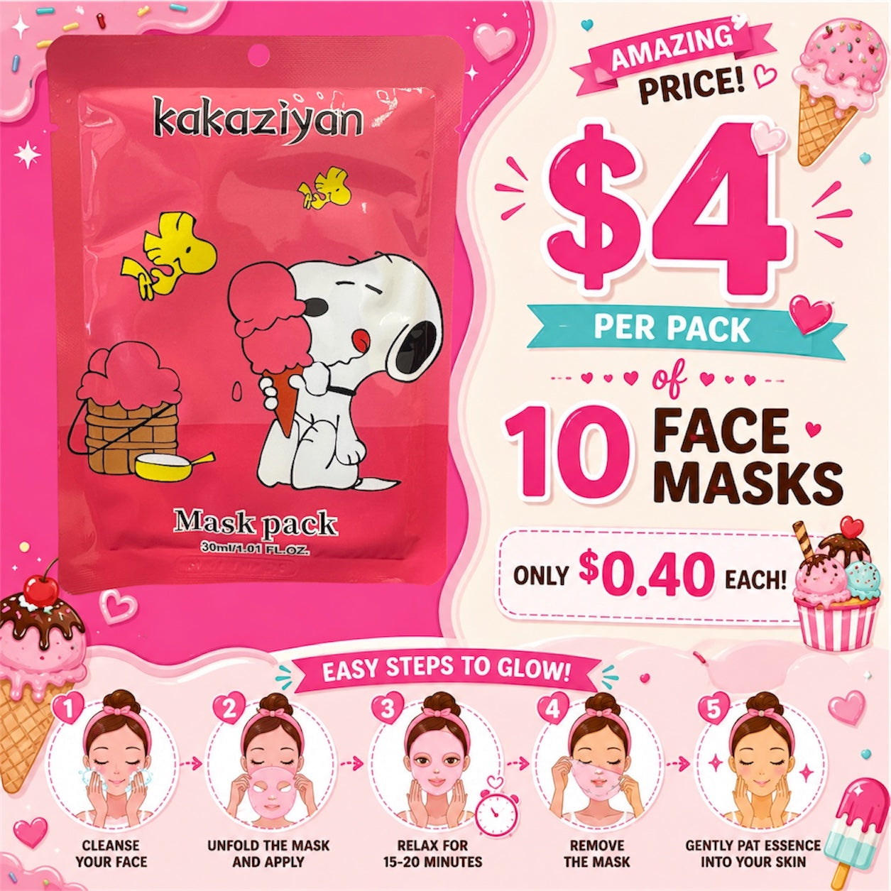 10PCS PACK KAKAZIYAN FACE-MASK WHITE DOG ICE CREAM M222