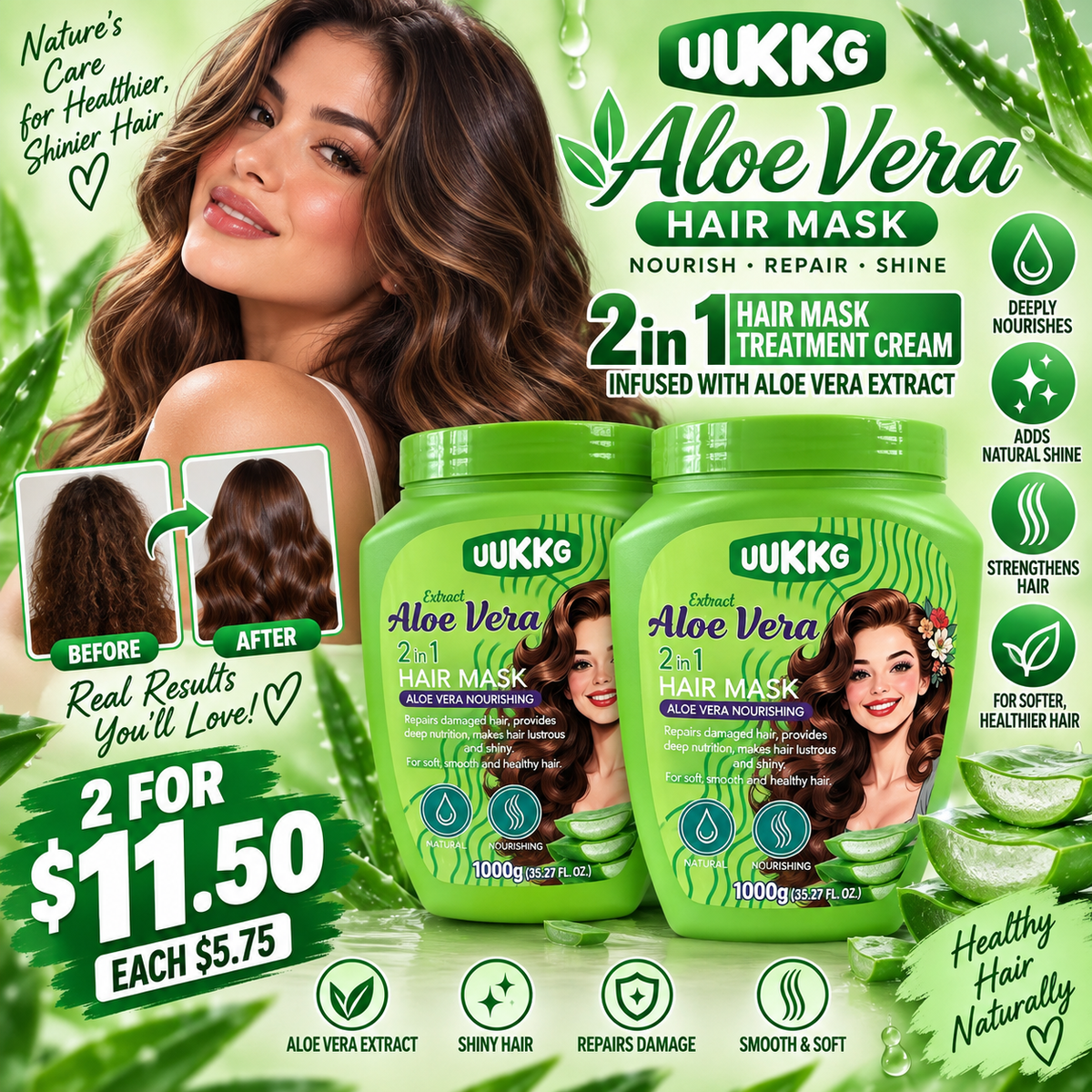 2PCS UUKKG ALOE VERA EXTRACT  HAIR TREATMENT CREAM UU4259