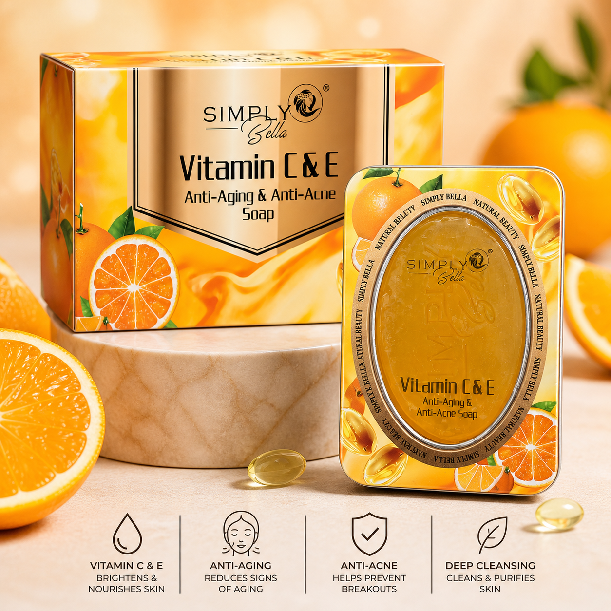 24PCS DISPLAY SIMPLE BELLA VITAMIN C&E ANTI-AGING & ANTI-ACNE SOAP