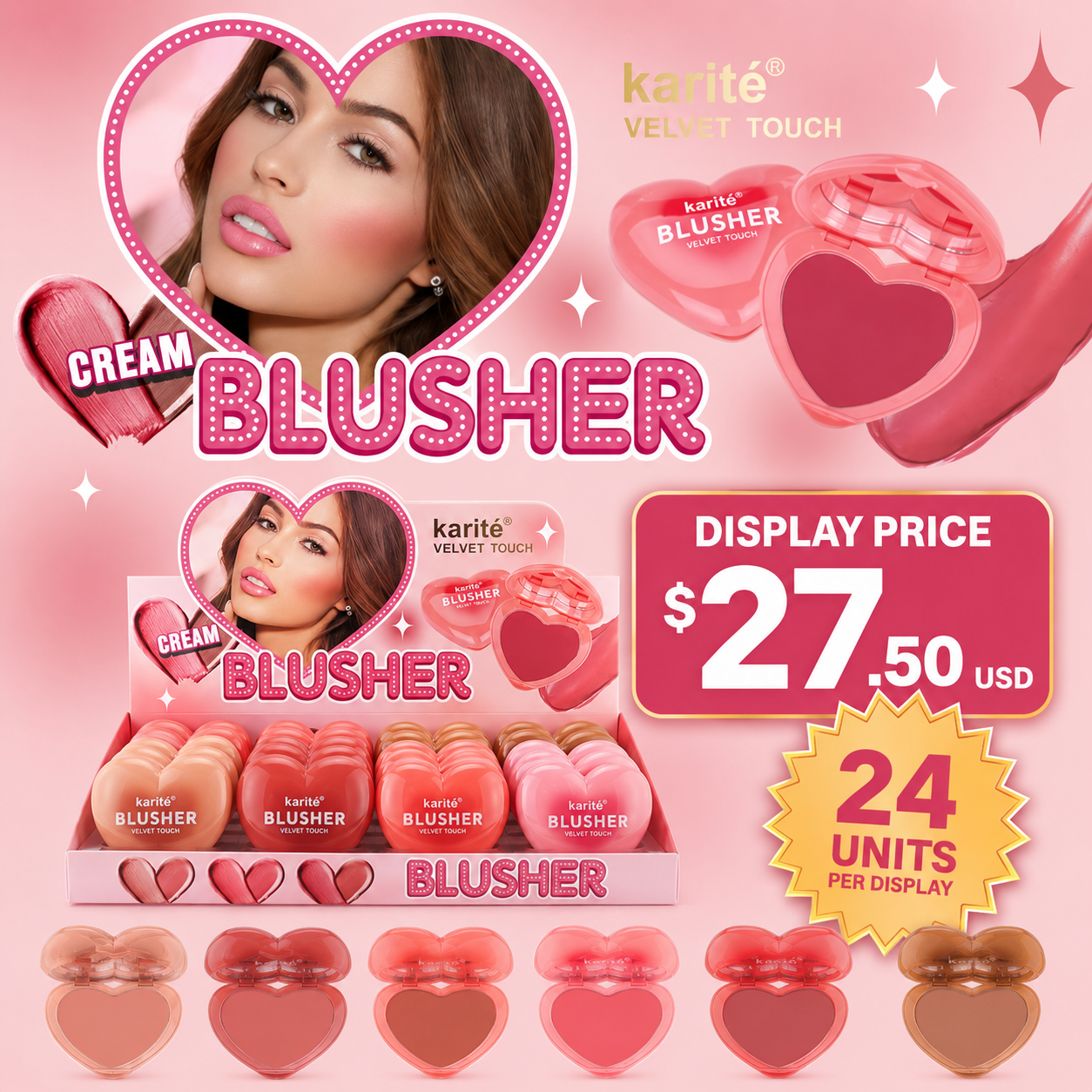 24PCS DISPLAY KARITE BLUSHER VELVET TOUCH CREAM COLORS 83938-47B