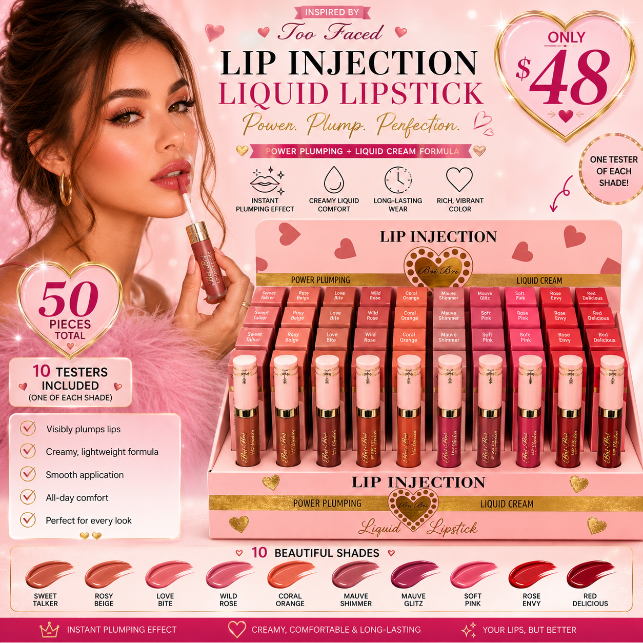 50PCS DISPLAY BRIBRI BEAUTY INSPO TOO FACED LIQUID LIPSTICK PLUMPING POWER 08002