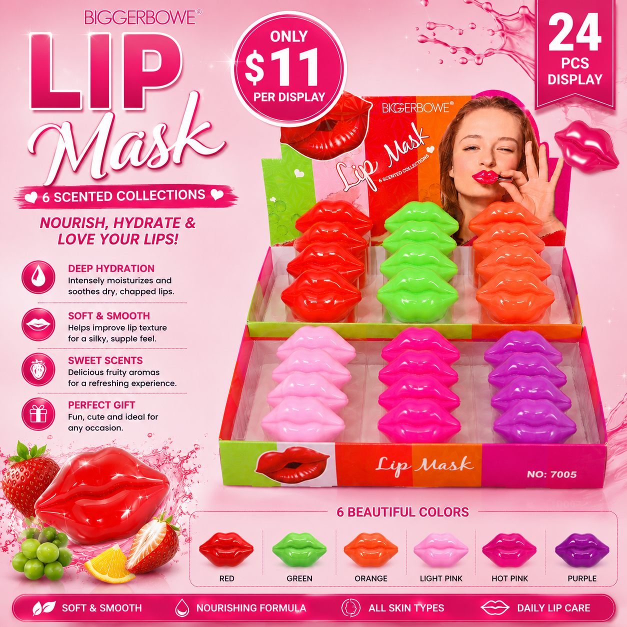 24PCS DISPLAY BIGGERBOWIE LIP MASK KISS 6 SCENTED 7005