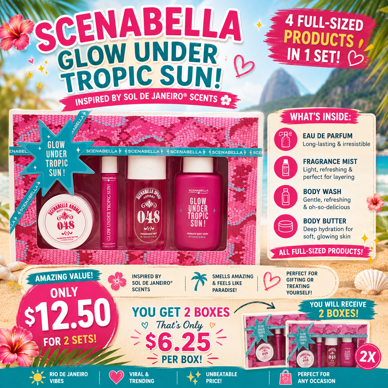 2 SETS SCENABELLA GLOW UNDER TROPIC SUN BODY CARE SC1085