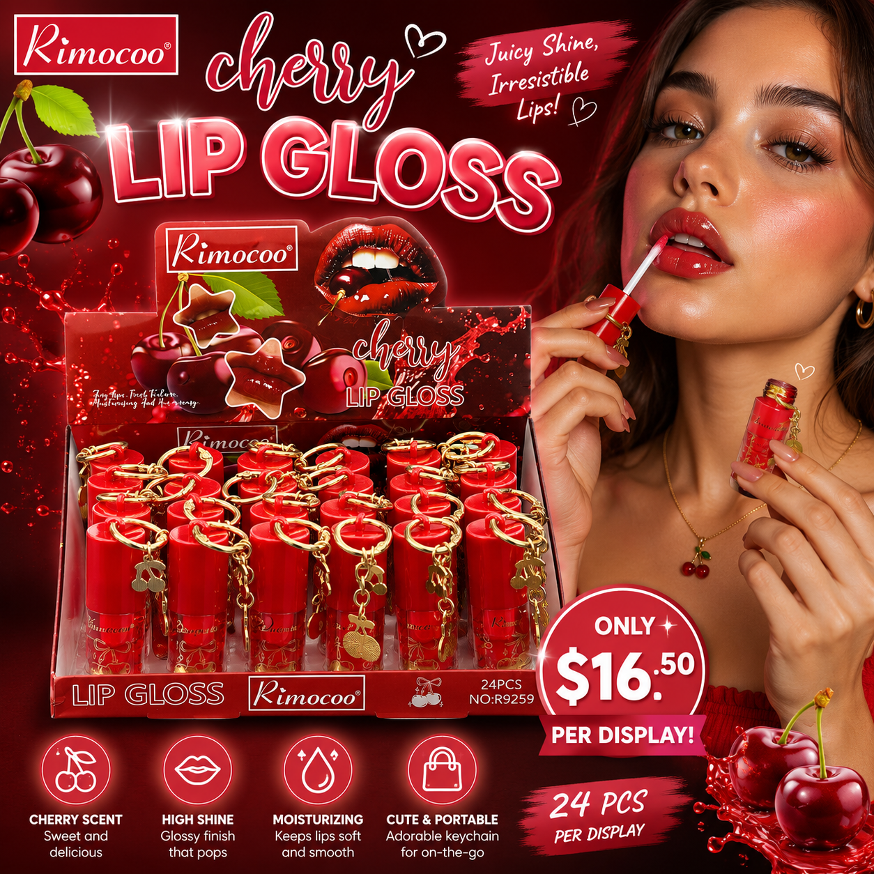 24PCS  DISPLAY RIMOCOO CHERRY LIP GLOSS WITH DANGLE CHARM R9259