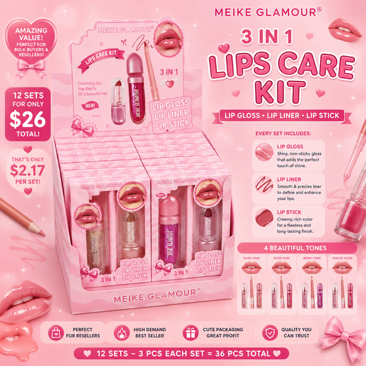 12PCS MEIKE GLAMOUR TRÍO LIP SET; GLOSS, LINER,STICK MK477