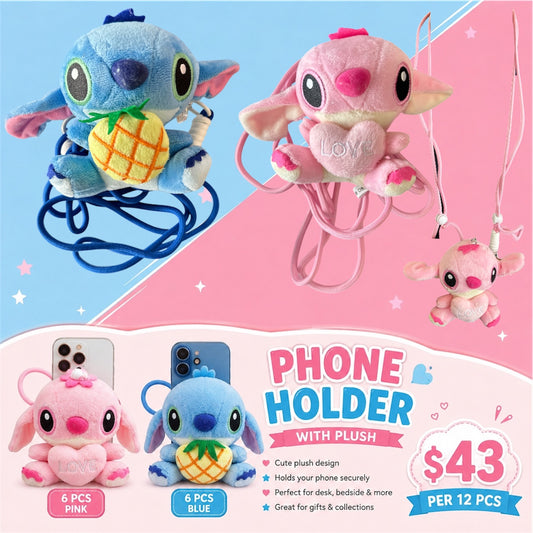 12PCS PACK BLUE GUY & PINK GIRL PLUSH PHONE HOLDER WITH LANYARD 2541-1