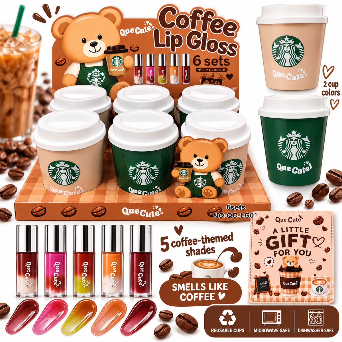 Que Cute Starbies Coffee Lip Gloss Set + Reusable Mini Cup