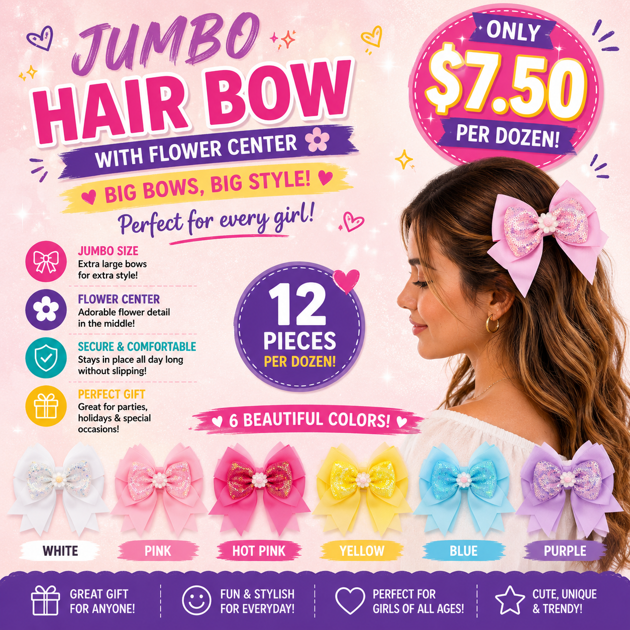12PCS PACK HAIR BOWS JUMBO FLOWERS  STYLE MKC-5060