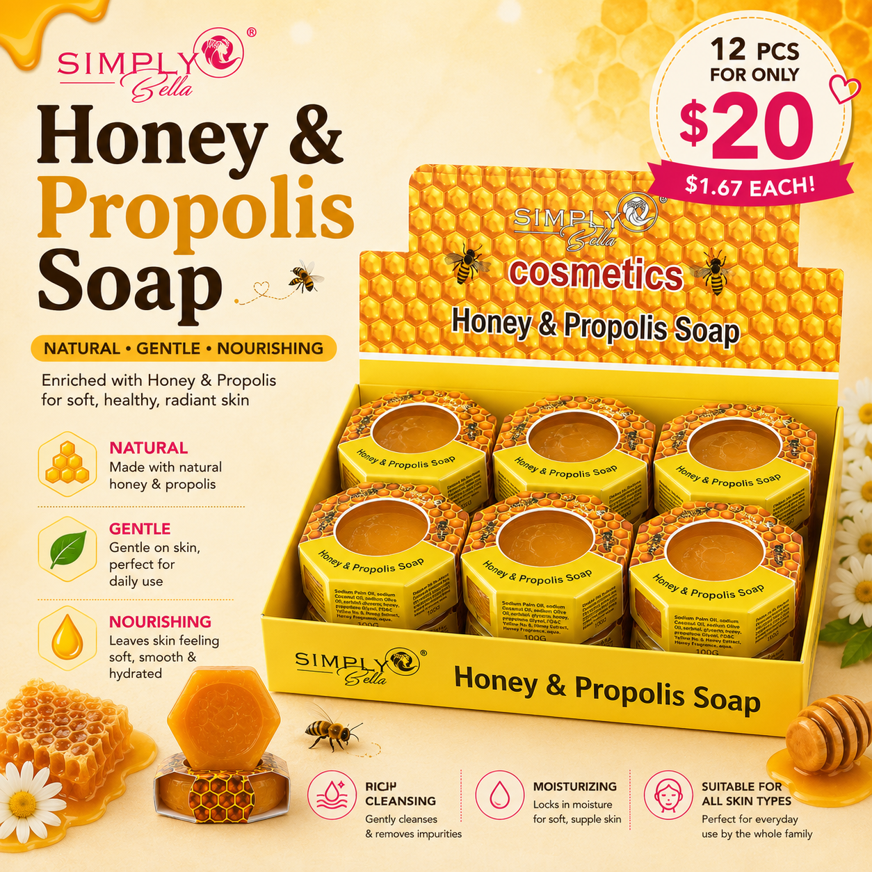 12PCS DISPLAY SIMPLY BELLA COSMETICS HONEY & PROPOLIS SOAP SIM066