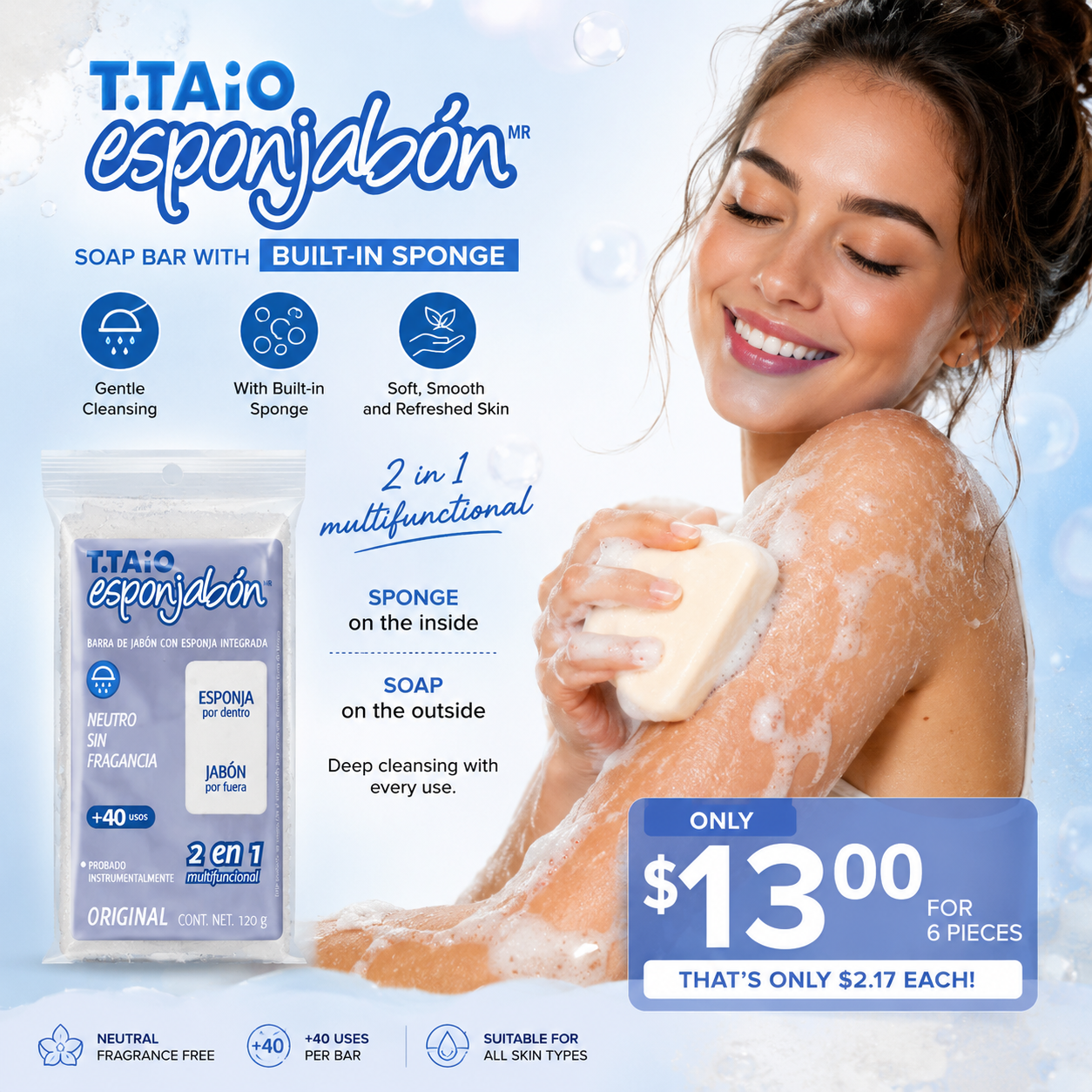 6PCS T.TAIO ESPONJABON NEUTRO SIN FRAGANCIA 4840