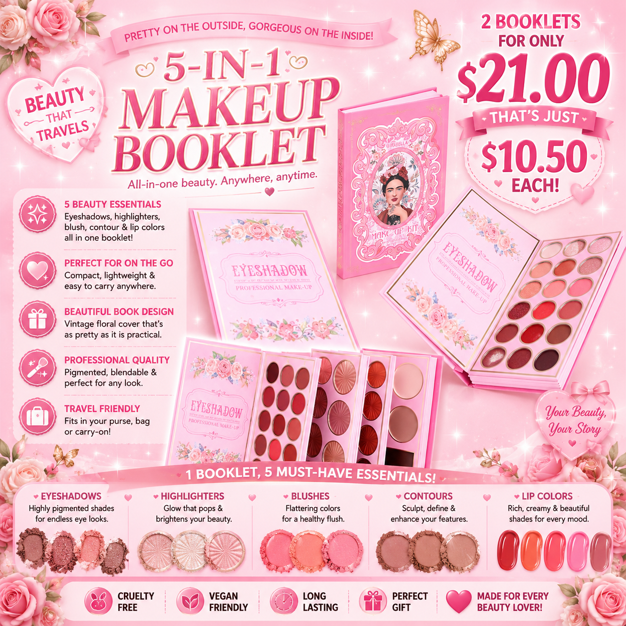 2PCS GIRABELLA PINK MAKEUP FRIDA PALETT SET G4092