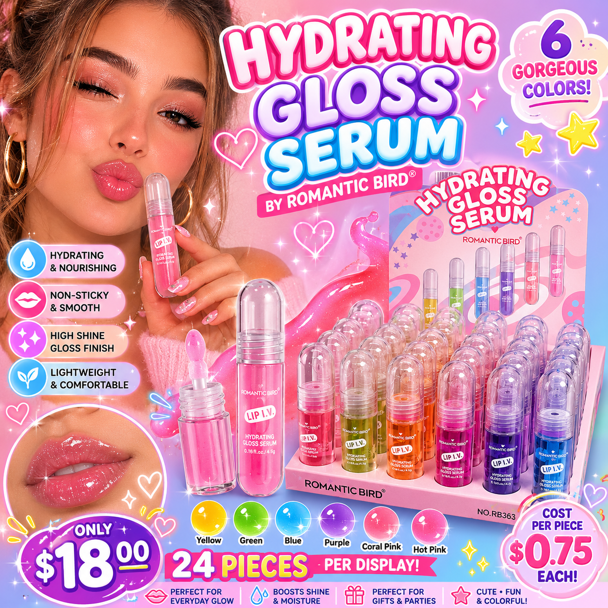24PCS DISPLAY ROMANTIC BIRD DUPE LIPGLOSS SERUM HYDRATING RB363