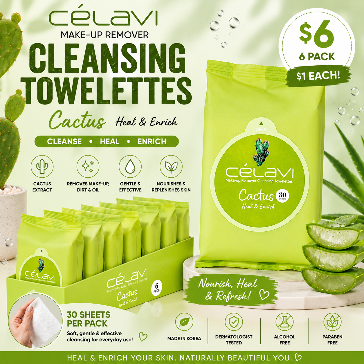 6PCS DISPLAY CELAVI CACTUS MAKE-UP REMOVER CLEANSING TOWELETTES MT017