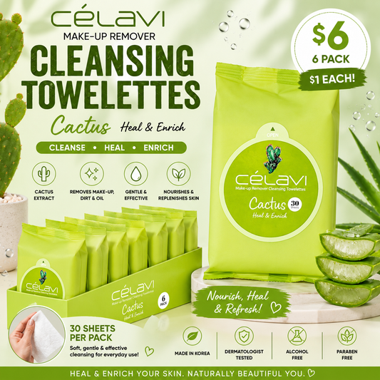 6PCS DISPLAY CELAVI CACTUS MAKE-UP REMOVER CLEANSING TOWELETTES MT017