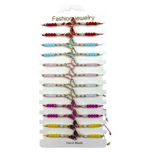 GLOSSY BUTTERFLY STRING  BRACELET 12 PCS PACK
