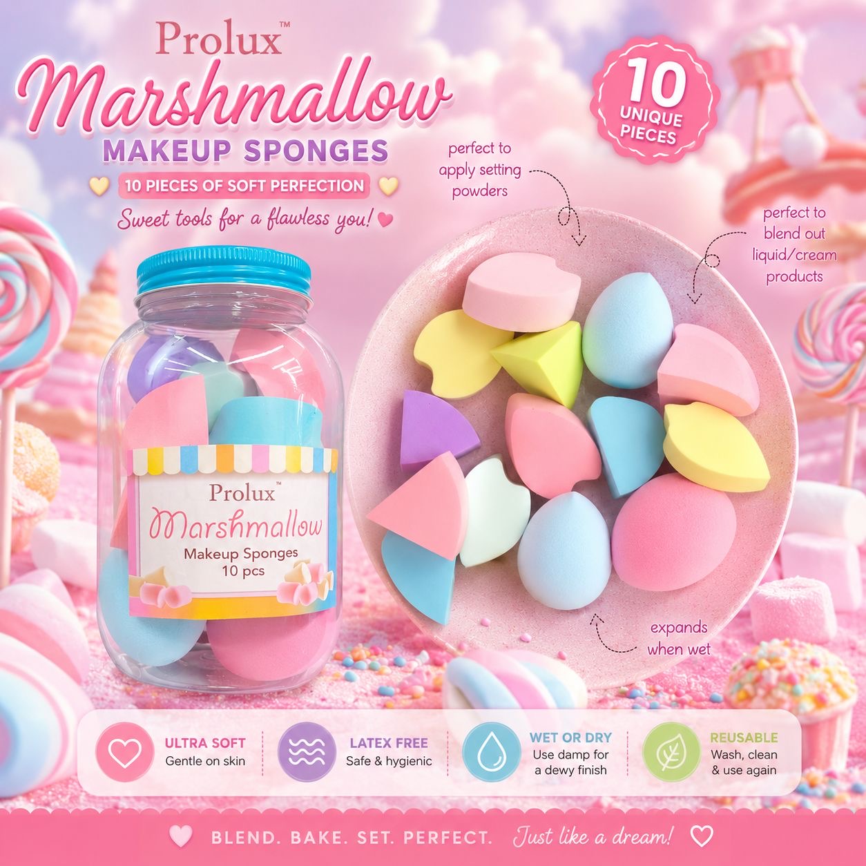 4 PACK PROLUX MARSHMALLOW 10PCS  MAKEUP SPONGES K-890